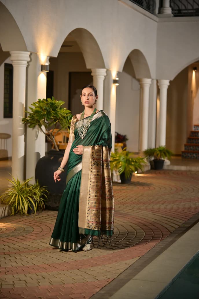 Madhubani Art Khadi Raw Silk Saree with Traditional Temple Zari Weaving and Lotus Print Blouse